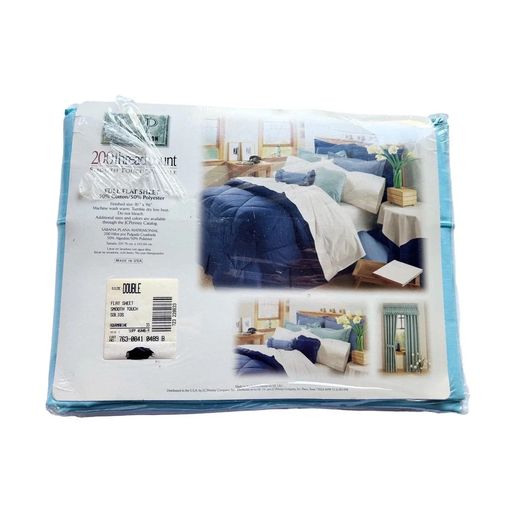 New NOS Vintage JC Penney Aqua FULL Flat Top Sheet Bedding Spring Summer